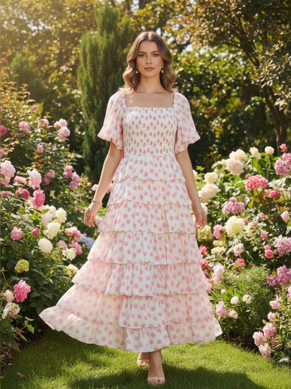 Floral Pink Tiered Maxi Dress with Square Neck